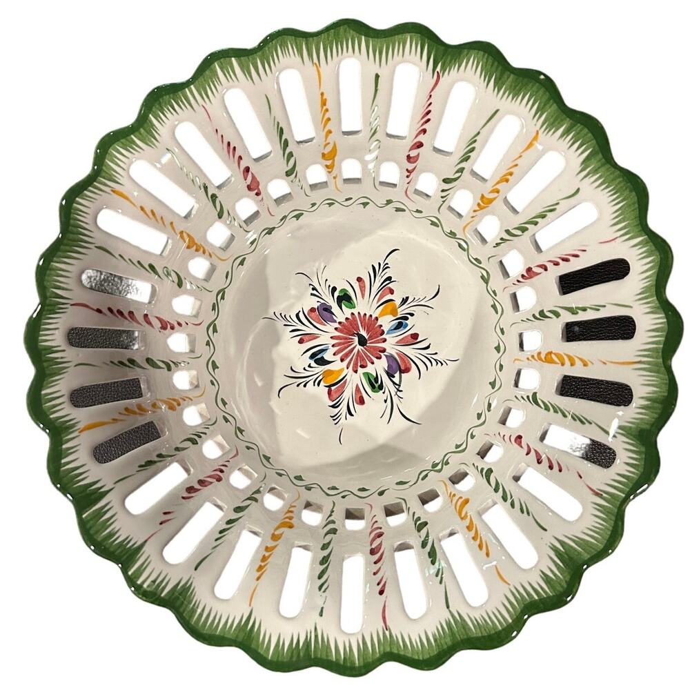Vintage Hand Painted Ceramic Planter Bowl with Feet and Slotted Sides - Portugal